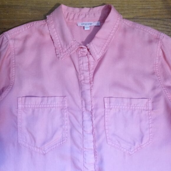 CHICO'S twill fringe hem shirt in coral pink (1/US8) - Picture 8 of 16